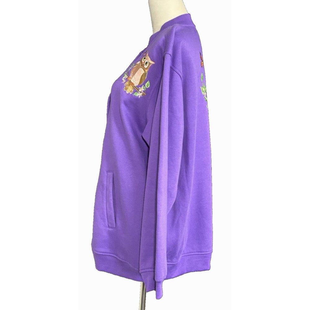 Vintage Tudor Court Women Large Fleece Jacket Embroidered Owls Purple Pockets - Picture 7 of 13
